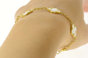 18K Mother of Pearl Flower Statement Chain Bracelet 7.25" Yellow Gold