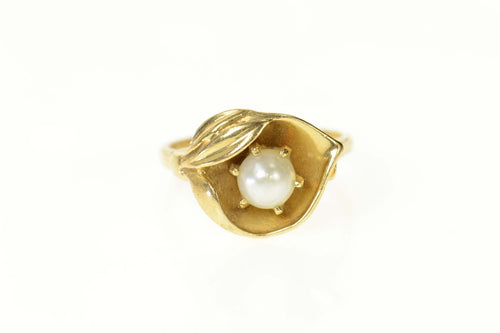 14K Ornate Retro Floral Pearl Statement Ring Size 7.25 Yellow Gold