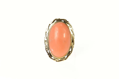 14K Victorian Ornate Coral Cabochon Cocktail Ring Size 6.75 Yellow Gold