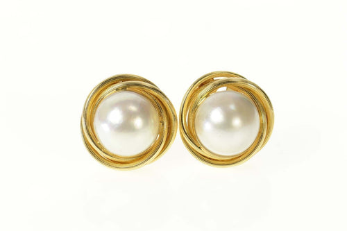 14K Mabe Pearl Retro Ornate Twist French Clip Earrings Yellow Gold