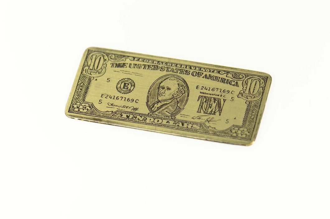 14K Ornate $10 Bill Ten Dollar Bar Cash Money Yellow Gold
