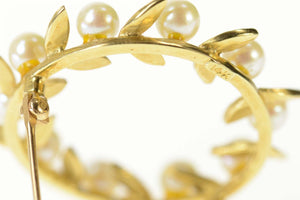 14K Retro Classic Pearl Leaf Vine Wreath Pin/Brooch Yellow Gold