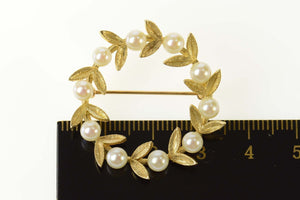 14K Retro Classic Pearl Leaf Vine Wreath Pin/Brooch Yellow Gold