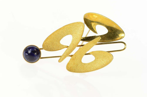 18K Retro Sodalite Wavy Abstract Statement Pin/Brooch Yellow Gold