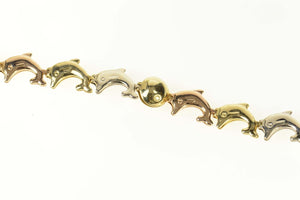 10K Tri Tone Dolphin Link Beach Ocean Motif Bracelet 6.75" Yellow Gold
