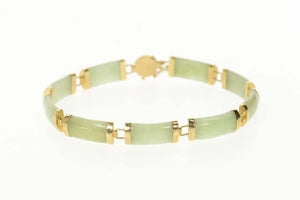 14K Carved Jade Bar Link Chinese Happiness Bracelet 7" Yellow Gold