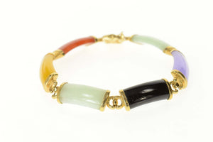 14K Carved Multi Colored Jade Chinese Character Bracelet 8" Yellow Gold