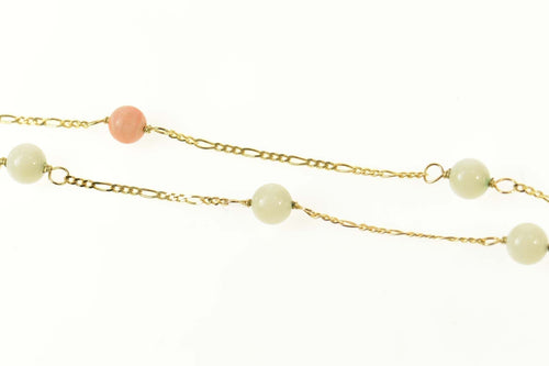 14K Pale Green Quartz & Coral Retro Chain Necklace 18.25
