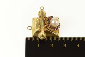 14K Pearl Ruby Sapphire Rotary Telephone Retro Charm/Pendant Yellow Gold