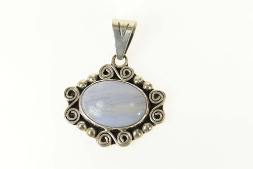 Sterling Silver Oval Blue Lace Agate Scroll Design Statement Pendant