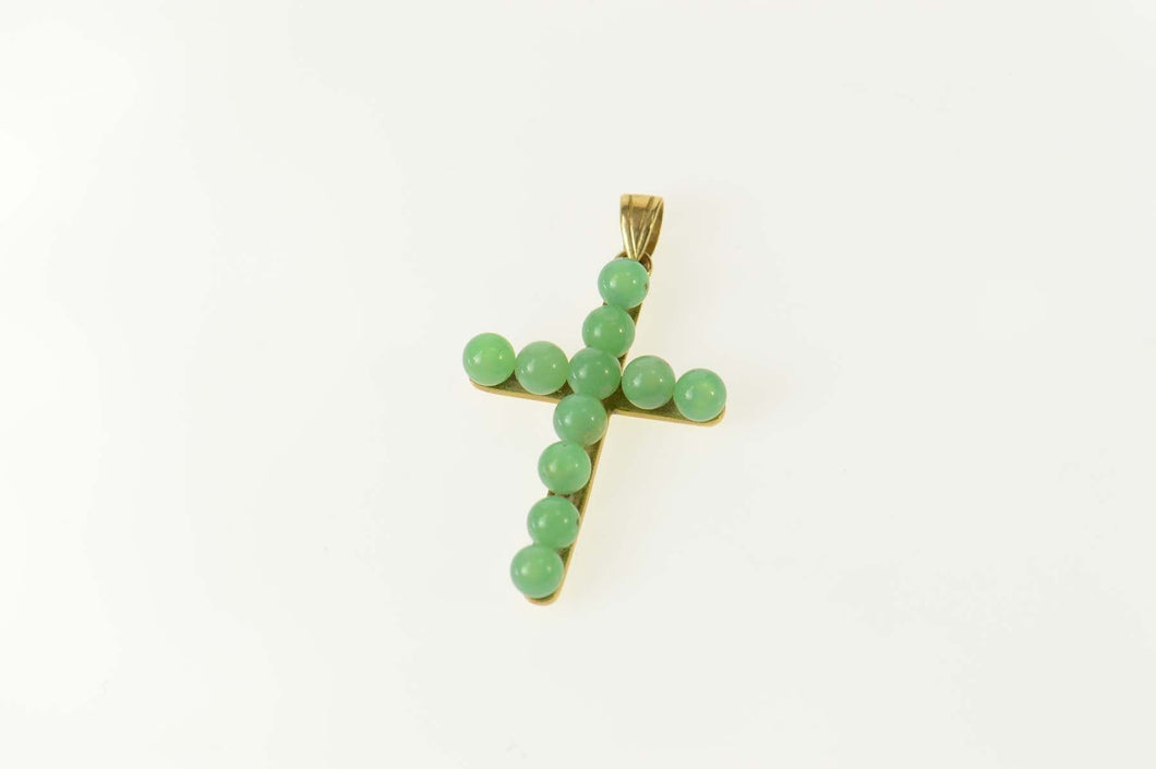 14K Green Agate Sphere Cross Christian Faith Pendant Yellow Gold