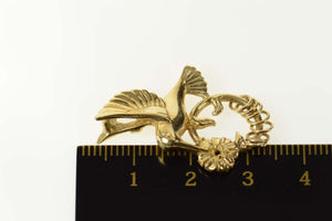 14K Hummingbird Flower Ornate Statement Pendant Yellow Gold