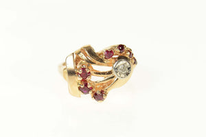 14K 1930's Ruby Diamond Retro Ornate Statement Ring Size 5 Yellow Gold