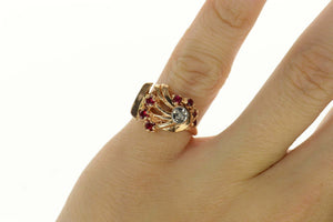 14K 1930's Ruby Diamond Retro Ornate Statement Ring Size 5 Yellow Gold