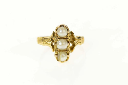 18K Ornate Victorian Pearl Filigree Engagement Ring Size 4.25 Yellow Gold