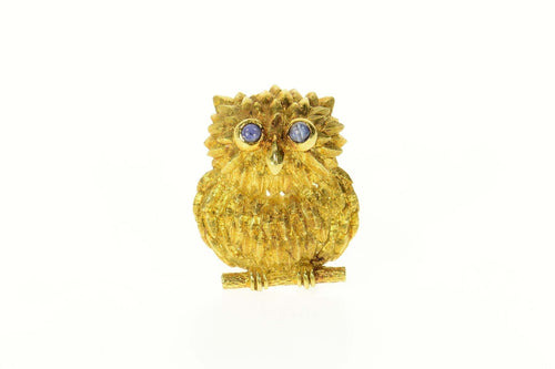 18K Sapphire Eyed Ornate Owl Wisdom Symbol Pin/Brooch Yellow Gold