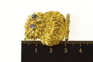 18K Sapphire Eyed Ornate Owl Wisdom Symbol Pin/Brooch Yellow Gold