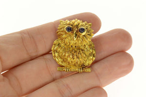 18K Sapphire Eyed Ornate Owl Wisdom Symbol Pin/Brooch Yellow Gold