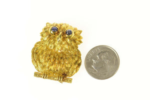 18K Sapphire Eyed Ornate Owl Wisdom Symbol Pin/Brooch Yellow Gold