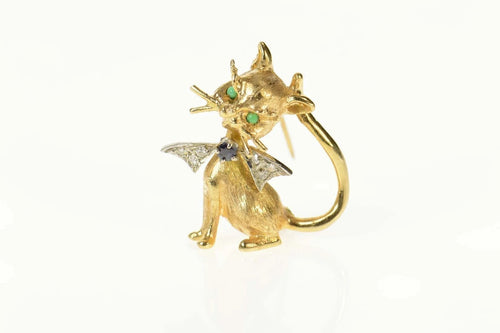 14K Diamond Sapphire Emerald Cat Kitty Retro Pin/Brooch Yellow Gold