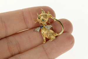 14K Diamond Sapphire Emerald Cat Kitty Retro Pin/Brooch Yellow Gold