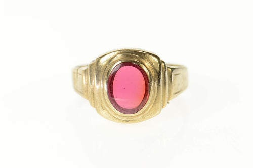 10K Oval Syn. Ruby Retro Squared Statement Ring Size 9.75 Yellow Gold