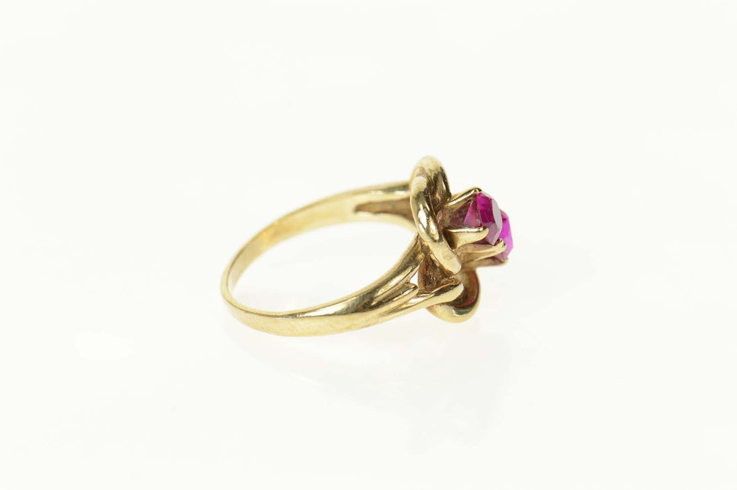 10K Ornate Woven Knot Syn. Ruby Retro Statement Ring Size 5 Yellow Gold