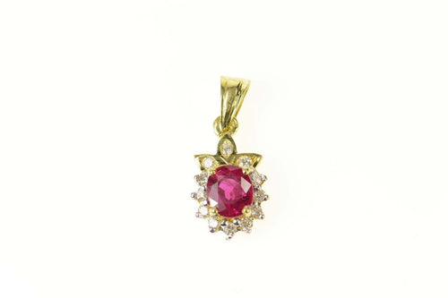 18K 0.75 Ctw Natural Ruby Oval Diamond Halo Pendant Yellow Gold