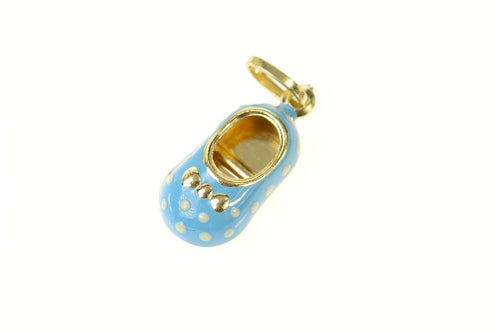 14K Mary Jane Shoe Sky Blue Polka Dot Enamel Pendant Yellow Gold