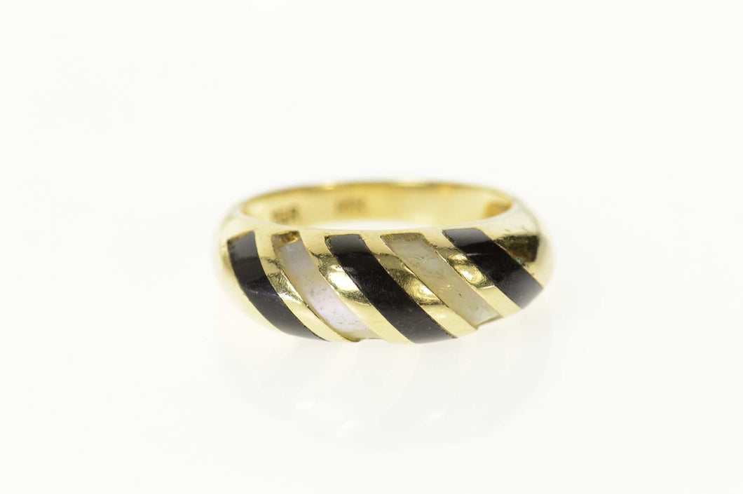 14K Black Onyx Mother of Pearl Striped Rounded Ring Size 8 Yellow Gold