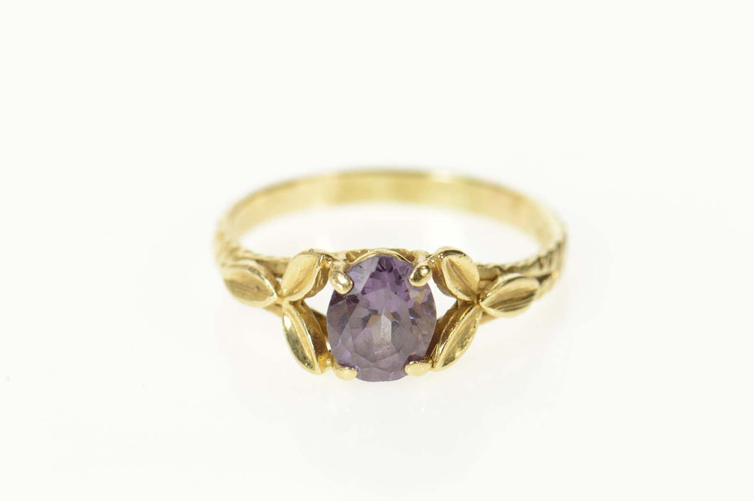14K Amethyst Oval Leaf Accent Statement Ring Size 8.75 Yellow Gold