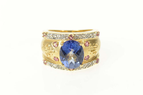 14K Ornate Syn. Sapphire Diamond Statement Ring Size 6.75 Yellow Gold