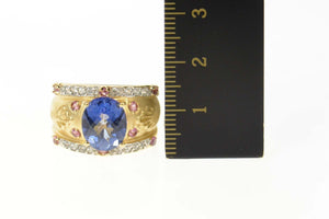 14K Ornate Syn. Sapphire Diamond Statement Ring Size 6.75 Yellow Gold