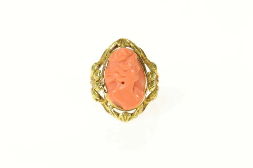 14K Victorian Coral Cameo Ornate Statement Ring Size 2 Yellow Gold