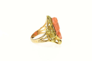14K Victorian Coral Cameo Ornate Statement Ring Size 2 Yellow Gold