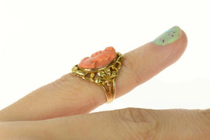 14K Victorian Coral Cameo Ornate Statement Ring Size 2 Yellow Gold