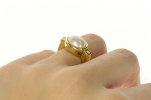 14K Pearl Oval Diamond Accent Ornate Statement Ring Size 6.75 Yellow Gold