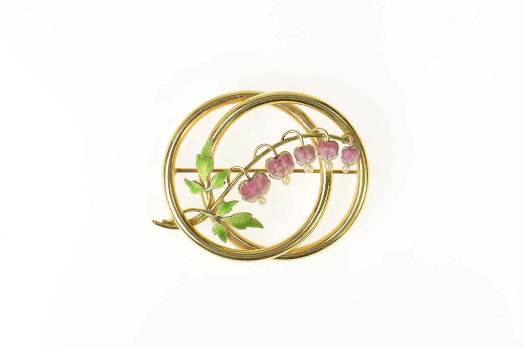 14K Victorian Enamel Seed Pearl Foxglove Flower Pin/Brooch Yellow Gold