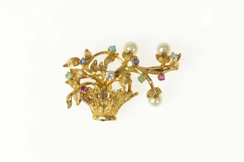 14K Retro Floral Pearl Vine Basket Bouquet Pin/Brooch Yellow Gold