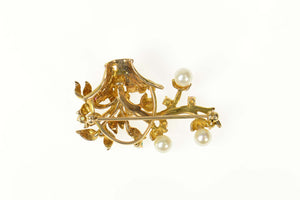 14K Retro Floral Pearl Vine Basket Bouquet Pin/Brooch Yellow Gold