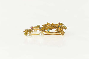 14K Retro Floral Pearl Vine Basket Bouquet Pin/Brooch Yellow Gold