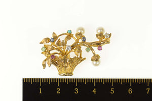 14K Retro Floral Pearl Vine Basket Bouquet Pin/Brooch Yellow Gold