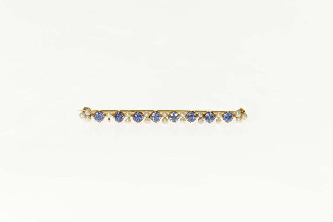 14K Victorian Cornflower Sapphire Seed Pearl Bar Pin/Brooch Yellow Gold