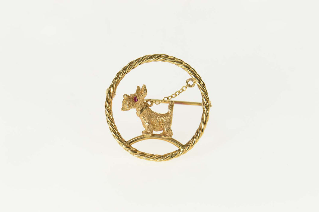 14K Retro Ruby Schnauzer Dog Walk Round Pin/Brooch Yellow Gold