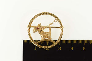 14K Retro Ruby Schnauzer Dog Walk Round Pin/Brooch Yellow Gold