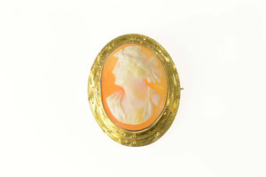 10K Victorian Lady Cameo Etched Bezel Pin/Brooch Yellow Gold
