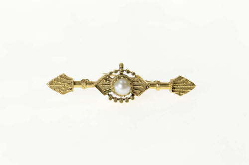 14K Ornate Victorian Pearl Statement Bar Pin/Brooch Yellow Gold