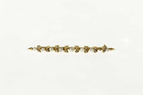 14K Victorian Seed Pearl Ornate Vine Bar Pin/Brooch Yellow Gold