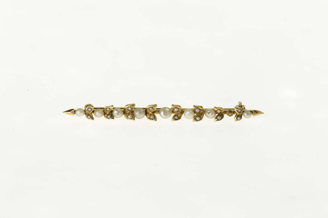 14K Victorian Seed Pearl Ornate Vine Bar Pin/Brooch Yellow Gold