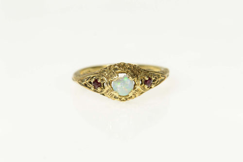 14K Ornate Opal Ruby Etched Scrollwork Engagement Ring Size 6 Yellow Gold